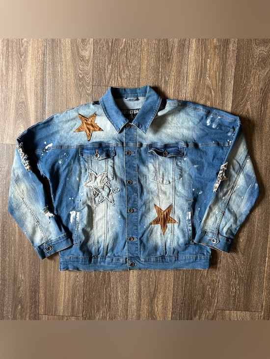 Rutherford Jackets & Blazers - Rutherford distressed light wash, jean jacket leopard print star patches Sz XL